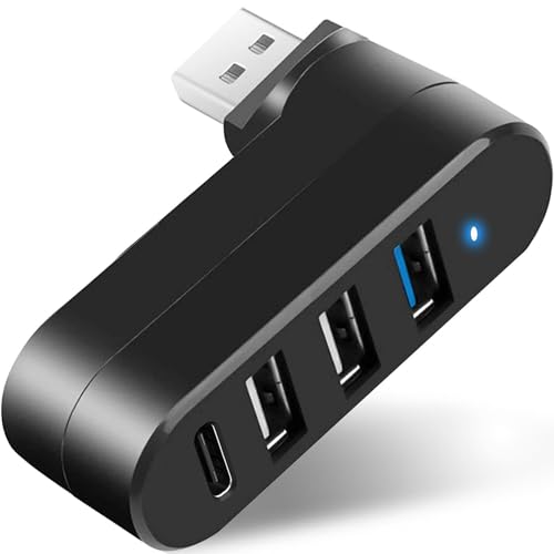 4-Port USB 3.0 Hub [90°/180° Degree Rotatable], USB Splitter with PD-in 5W USB C Port, USB Extender for Laptop, Car, iMac, MacBook Air, MacBook Pro, and More