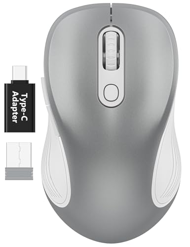 WisFox 2.4G Wireless Mouse for Laptop, Ergonomic Computer Mouse with USB Receiver and Type-C Adapter, 3 Adjustable Levels DPI, 6 Button Cordless Wireless Mice (Silver) - color: Silver