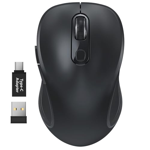 WisFox 2.4G Wireless Mouse for Laptop, Ergonomic Computer Mouse with USB Receiver and Type-C Adapter, 3 Adjustable Levels, 6 Button Cordless Wireless Mice for Windows Mac PC Notebook (Black) - color: Black