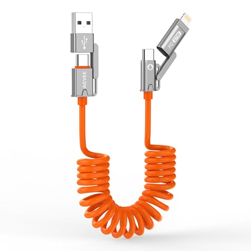 AGVEE 9ft 4-in-1 Coiled Multi Charging Charger Data Transfer Cable | Secure-Slide No-Loss Adapters, Slim Tips Fit Thick Cases, Lightning End Reinforced, PD 60W for iPhone Carplay, Android Auto - color: Orange, size: 9ft, style: 4 in 1