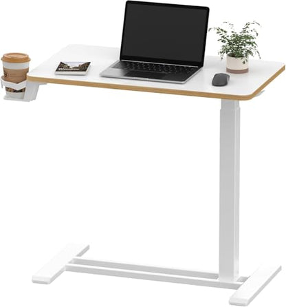 SANODESK Medical Adjustable Overbed Bedside Table with Hidden Casters, Pneumatic Mobile Laptop Computer Standing Desk Cart Overbed Table with Tray, Hospital and Home Use(27.6" W x 15.7" D, White) - color: White Maple, size: Small