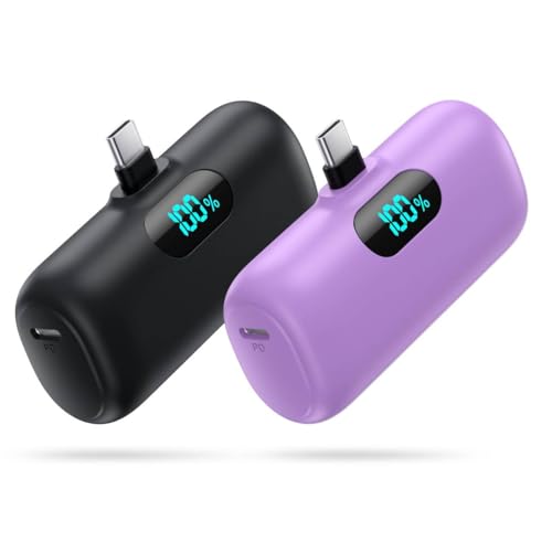 [2 Pack]Small Portable Charger for iPhone 17/16/15 Series,5000mAh 3A PD USB C Power Bank, Mini Travel Essentials Battery Pack for iPhone 17/17 Pro/16/16 Plus/16 Pro/15 Pro Max,Samsung,Android/LG etc - color: black+purple, size: 5000mah