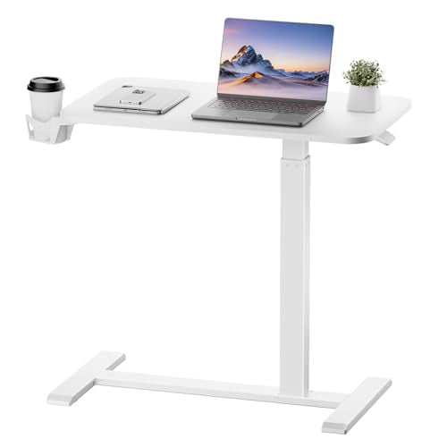 COMHOMA Adjustable Overbed Bedside Table with Wheels, Pneumatic Mobile Rolling Laptop Desk, Height Adjustable Standing Desk Bed Table for Hospital and Home Use (28" W x 16" D, White)