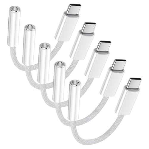 5 Pack USB C to 3.5mm Headphone Jack Adapter Type C Audio Aux Cable Dongle Compatible with iPhone 16/15/15 Plus/15 Pro/15 Pro Max/iPad/Pixel, Samsung Galaxy S23 S22 S21 S20 Ultra Z (White Nylon) - color: White Nylon