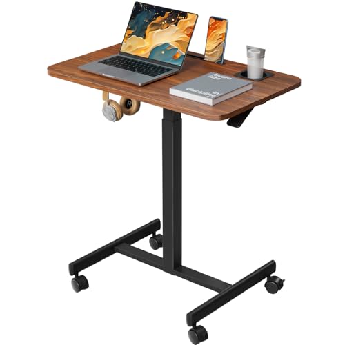28 inch Small Mobile Standing Desk Height Adjustable with Wheels | Rolling Laptop Rising Cart with Cup Holder, Portable Computer Workstation with Hook and Slots on 4 Lockable Casters, Walnut - color: Walnut