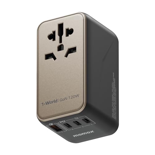 MOMAX Universal Travel Adapter, 120W GaN International Power Adapter, 2 USB-C 2 USB-A, Worldwide Travel Plug Adapter, International Power Adapter for Most Europe, USA, Japan, Australia (Type C/A/G/I) - size: 120W