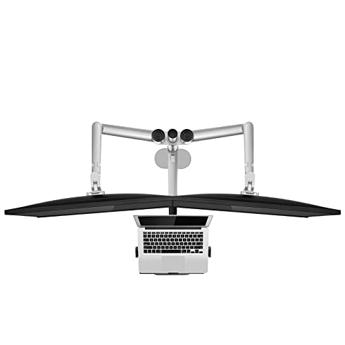 AEONS Dual Monitor and Laptop Desk Mount Combo Stand with Notebook Holder fits up to 17 inch, 3-in-1 Adjustable Triple Arm Mount fits 27 inch LCD Screen with VESA, Clamp and Cable Management, Silver - style: Triple Arm & Tray, Silver