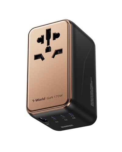 MOMAX Universal Travel Adapter Worldwide 170W GaN, 3 USB-C PD & 1 USB-A QC International Power Adapter for Laptop Fast Charging, European Travel Plug Adapter for UK/US/AUS/JP, Travel Essentials - size: 170 W