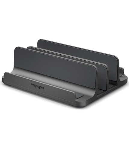Spigen Vertical Laptop Stand Holder for Desk | with Adjustable Dock, 4 Slots Total for All MacBook 11"-16"/HP/Dell/Surface/Samsung/LG/Chrome Book - Space Gray