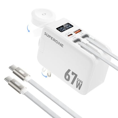 SUPERONE 67W Fast Retractable USB C Charger with Dual Braided Cables | 5 in 1 Retractable Wall Charger, 4-Port Charger Block Travel Essentials for iPhone 17/16/15/14/13/12,iPad,Galaxy, iWatch - color: Matt White