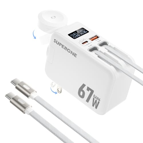 SUPERONE 67W Fast Retractable USB C Charger with Dual Braided Cables | 5 in 1 Retractable Wall Charger, 4-Port Charger Block Travel Essentials for iPhone 17/16/15/14/13/12,iPad,Galaxy, iWatch - color: Matt White
