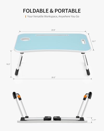 FISYOD Foldable Laptop Table, Portable Lap Desk Bed Table Tray, Laptop Stand with Cup Holder & Tablet Slot & Lifting Handle for Working Writing Drawing & Eating (Light Blue) - color: Light Blue