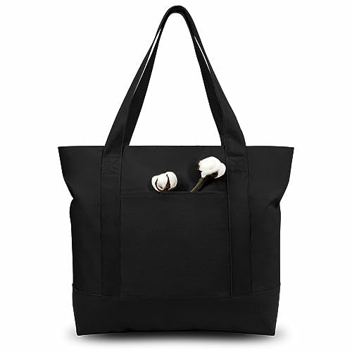 TOPDesign 1-Pack Canvas Tote Bag with an External Pocket, Reusable Grocery Shopping Bag, Top Zipper Closure, Daily Essentials (Black) - color: Black