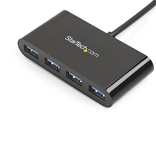 StarTech 4-Port USB-C Hub 5Gbps with 4x USB-A, USB Powered (HB30C4AB) | Portable USB 3.0 port expander, Built-in USB-C cable, Thunderbolt 3 data compatible, Driverless, No external power - color: Black, style: Standard