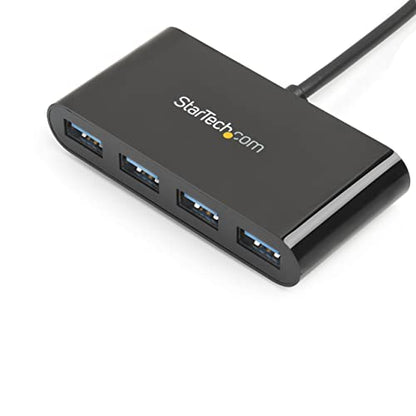 StarTech 4-Port USB-C Hub 5Gbps with 4x USB-A, USB Powered (HB30C4AB) | Portable USB 3.0 port expander, Built-in USB-C cable, Thunderbolt 3 data compatible, Driverless, No external power - color: Black, style: Standard