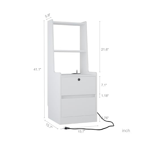 Modern Smart Nightstand with Night Light & Charging Station, Night Stand with Bookshelf, Lockable Bedside Cabinet Tables with 2 Storage Drawers for Bedroom Home Office - color: White