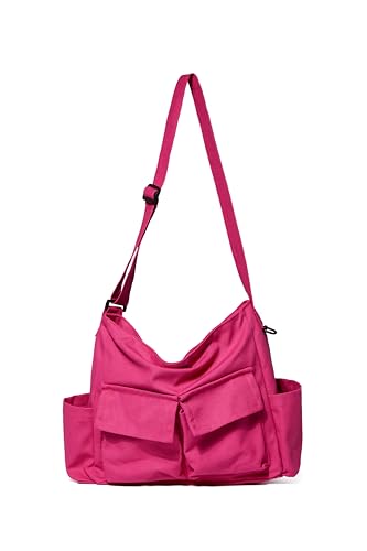 Canvas Messenger Bag Large Hobo Crossbody Bag with Multiple Pockets Casual Shoulder Tote Bag for Women and Men - color: Dragonfruit