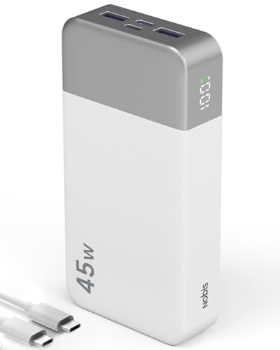 NOBIS Portable Charger,20000mAh Power Bank, 45W Fast Charging，Battery Pack with 2 USB-C (in/Out) & 2 USB-A, Digital Display & Small Current Mode, Compatible with Phone 17 S25 Tablet - color: White