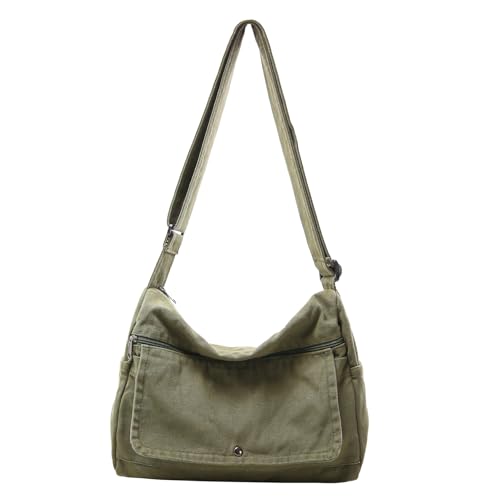 PRAGARI Canvas Messenger Bag for Women Hobo Crossbody Shoulder Bag Vintage Satchel Tote Handbag with Multiple Pockets - color: Green