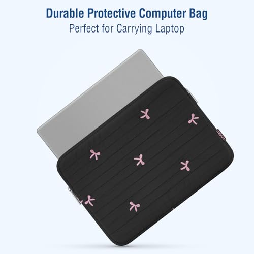 MOSISO 13-14 inch Laptop Case, 13.3 inch Puffy Laptop Sleeve, Black | Compatible with MacBook Neo/Air 13.6/Pro 13/Pro 14, HP Dell ASUS Lenovo, Striped Quilted Computer Bag with Embroidered Bow