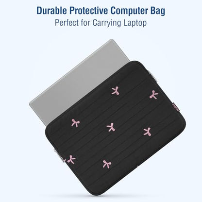 MOSISO 13-14 inch Laptop Case, 13.3 inch Puffy Laptop Sleeve, Black | Compatible with MacBook Neo/Air 13.6/Pro 13/Pro 14, HP Dell ASUS Lenovo, Striped Quilted Computer Bag with Embroidered Bow