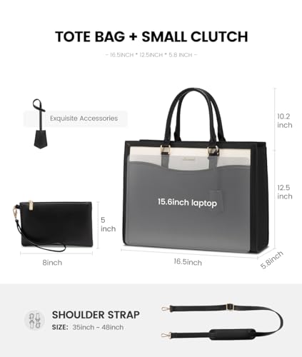 LOVEVOOK Laptop Tote Bag for Women, Leather Office Work Bag Briefcase fit for 15.6 inch Laptop, Large Teacher Computer Bag Handbag,2pcs Set Leather/Black-White | PU Leather Business Briefcase Teacher Travel College Bag Handbag fit for 15.6 inch Laptop, Of