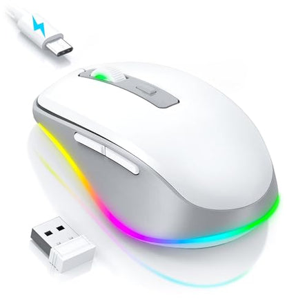 PEIOUS Wireless Mouse Jiggler - Keep Computers Awake, White & Grey | Rechargeable LED Mouse, Silent Clicks, Adjustable DPI and Random Movement Keep Computers Awake for Laptop/PC/Mac - color: White & Grey