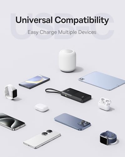 Baseus Portable Charger, 10000mAh Fast Charging Power Bank, 22.5W PD3.0 QC3.0 Battery Pack Built-in USB C Braided Cable, Travel Essentials for iPhone 17 16 15, iPad, S25/S24, Indoor/Outdoor, Travel