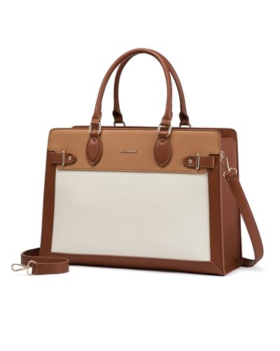 LOVEVOOK Laptop Bag for Women, 15.6 Inch Large PU Leather Tote Bag, Professional Teacher Work Bag, Waterproof Business Computer Briefcase, Shoulder Tote Purse for Office - color: Brown-light Brown-beige, size: 15.6 Inch