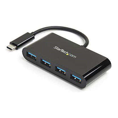 StarTech 4-Port USB-C Hub 5Gbps with 4x USB-A, USB Powered (HB30C4AB) | Portable USB 3.0 port expander, Built-in USB-C cable, Thunderbolt 3 data compatible, Driverless, No external power - color: Black, style: Standard