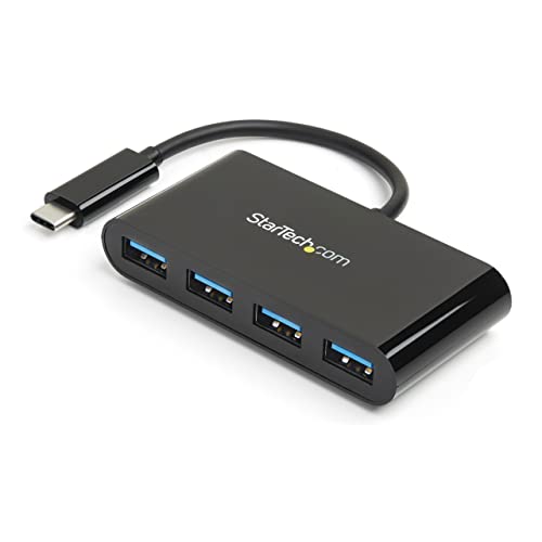 StarTech 4-Port USB-C Hub 5Gbps with 4x USB-A, USB Powered (HB30C4AB) | Portable USB 3.0 port expander, Built-in USB-C cable, Thunderbolt 3 data compatible, Driverless, No external power - color: Black, style: Standard