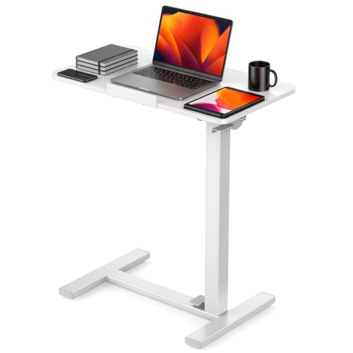 DUMOS Overbed Table with Wheels, Height-Adjustable Bedside Table, White | Rolling standing desk with Pneumatic Lift, Portable mobile desk for Bed, Couch, Office, Sofa - color: White, size: 27.55*15.75*42.52inch