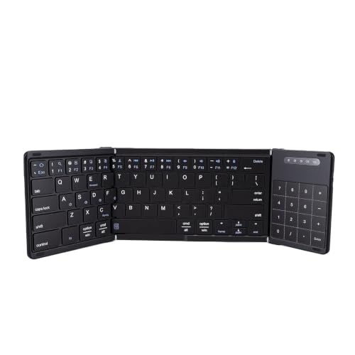 Foldable Keyboard with Touchpad, PU Leather Cover Bluetooth, Rechargeable 3 Fold Wireless Keyboard with Number Pad for Travel Tablet Laptop Users (Black) - color: Black