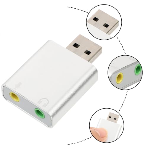 USB External Stereo Sound Card Adapter with Headphone and Microphone Jack Plug and Play USB Audio Converter for Laptop Desktop Silver Aluminum Alloy