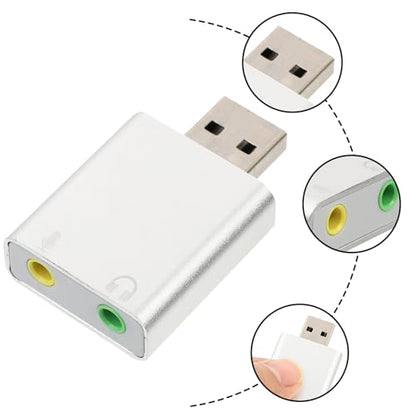USB External Stereo Sound Card Adapter with Headphone and Microphone Jack Plug and Play USB Audio Converter for Laptop Desktop Silver Aluminum Alloy