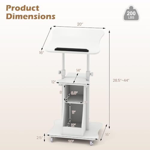 Tangkula Mobile Lectern Podium Set of 2, Height Adjustable Podium Stand, Standing Sit-to-Stand Desk, Rolling Cart Laptop Desk with Swivel Top Movable Wheels & Storage - color: White, size: 20" x 16" x 44"