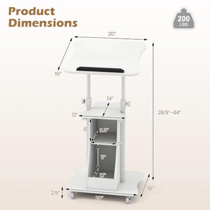 Tangkula Mobile Lectern Podium Set of 2, Height Adjustable Podium Stand, Standing Sit-to-Stand Desk, Rolling Cart Laptop Desk with Swivel Top Movable Wheels & Storage - color: White, size: 20" x 16" x 44"