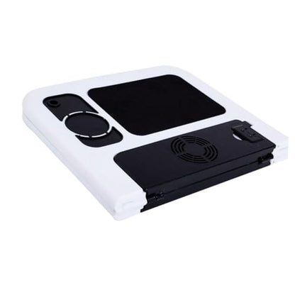 OSALADI Foldable Laptop Table with Dual Fans and Adjustable Height Ergonomic Tray for Bed Couch Desk Black White Design with Mouse Platform and Non-Slip Legs