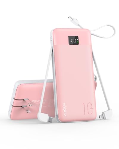 Portable Charger 10000mAh Power Bank w/Built-in 3 Cables & AC Wall Plug | 22.5W Fast Charging, Pass Through Charging, 0.68in Ultra Slim, TSA Approved, Travel Essential for iPhone/Samsung/iPad - color: Pink