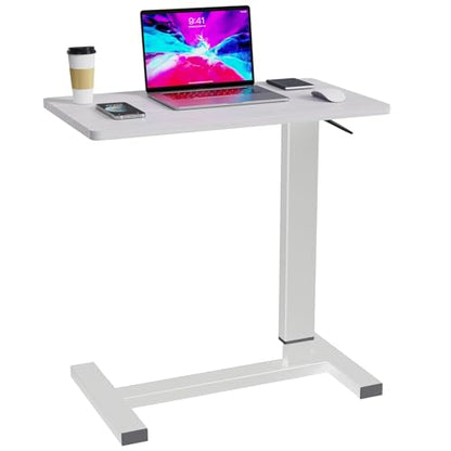 Adjustable Overbed Bedside Table with Wheels, Hospital Bed Table for Home Rolling Laptop Table, Pneumatic Mobile Standing Desk, White