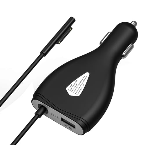 Surface Car Charger, 70W 15V 4A Power Supply | for Microsoft Surface Pro 5/Pro 6/Pro 7/Pro 8/Pro X, Surface Book, Surface Go, Surface Laptop with 5V 2A USB Charging Port
