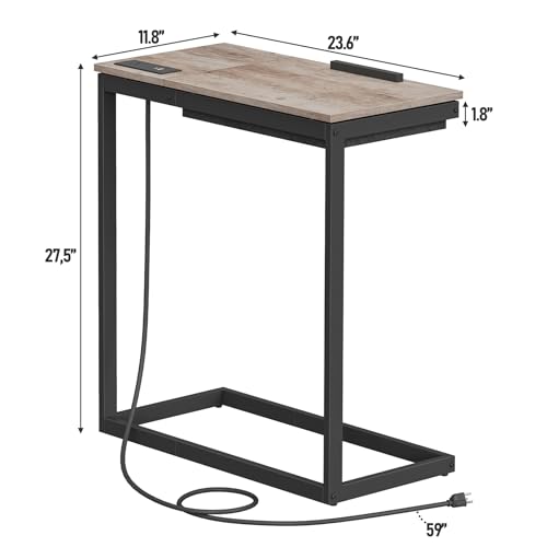 TUTOTAK Large C Shaped End Table, Side Table with Charging Station C Table | Tilting Laptop Stand with Storage, Computer Couch table for Living Room, Bedroom, Greige TB01BG090 - color: Greige, style: Plug