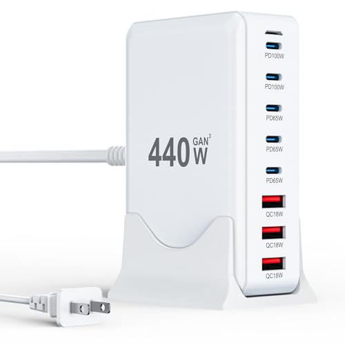 USB C Charger Block 440W Charging Station Hub,8 Port GaN III Fast Charging Brick with 5ft Extension Cord,PD QC PPS 100W Laptop Power Adapter for MacBook Pro/Air,iPhone 17/16/15,Samsung Galaxy,Dell etc - color: White