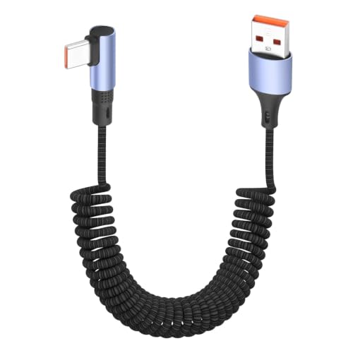 YACSEJAO 100W Coiled USB A to USB C Cable Right Angle,4.9FT Retractable 90 Degree USB Type C Fast Charging Cord, 6A Spiral Nylon Braided Reversible Plug for Phone/Laptop/Auto (Straight) - style: Straight