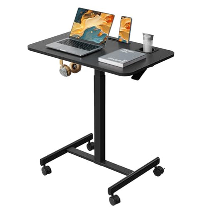 28 inch Mobile Laptop Desk, Portable Sit Stand Cart with Wheels | Small Standing Desk with Cup Holder, Rolling Computer Workstation Height Adjustable with Hook on 4 Lockable Casters, Black - color: Black