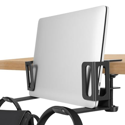 Desk Side Laptop Holder, Vertical Desk Side Storage Laptop Holder, Adjustable Laptops Mount with Headphone Hooks, No Drill Clamp for Laptops,Tablets,Keyboards,Backpack (Black)