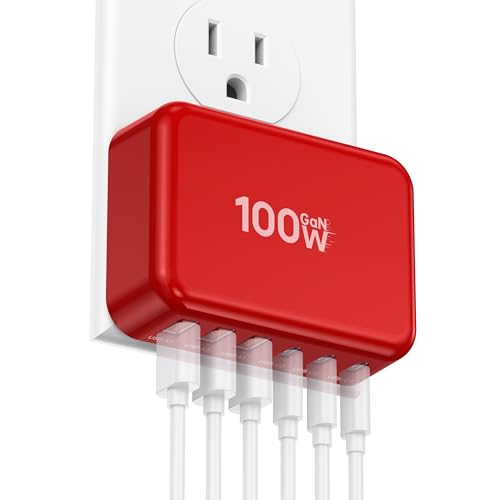 Fast Charger Block, GaN 6 Port USB C Charging Station Hub Cube, 100W Multiport Type C Wall Charger Power Strip Plug with PD 3.0+QC for iPhone 16 15 14 13 12 1 Pro Max XR XS 8 7, Samsung, iPad, Table - color: Rad