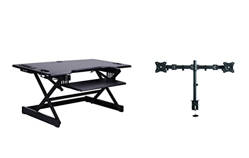 Rocelco 46" Height Adjustable Standing Desk Converter with AC USB Charger and Double Monitor Mount Arm - Sit Stand Up Triple Screen Riser Workstation - Keyboard Tray - Black (R DADRB-46-ACUSB-DM2) - color: Black Acusb, size: 46", style: Riser+Dual Mount