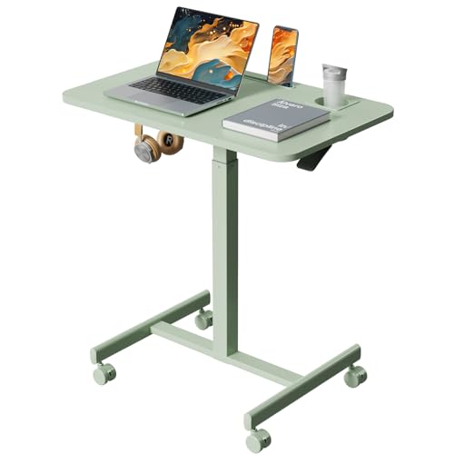 28” Rolling Standing Desk Height Adjustable with 4 Lockable Wheels | Small Mobile Laptop Stand Up Cart with Cup Holder, Portable Teacher Computer Workstation with Hook and Slots, Green - color: Green