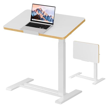 SANODESK Medical Adjustable Overbed Bedside Table with Casters 90° Tilt Top Pneumatic Mobile Rolling Laptop Computer Standing Desk Cart with Tray, Hospital and Home Use(27.6" W x 15.7" D, White) - color: White, size: Small